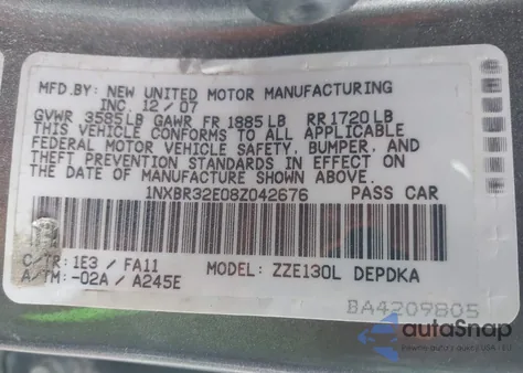 2008 Toyota Corolla Ce z USA, uszkodzony, nr VIN 1NXBR32E08Z042676